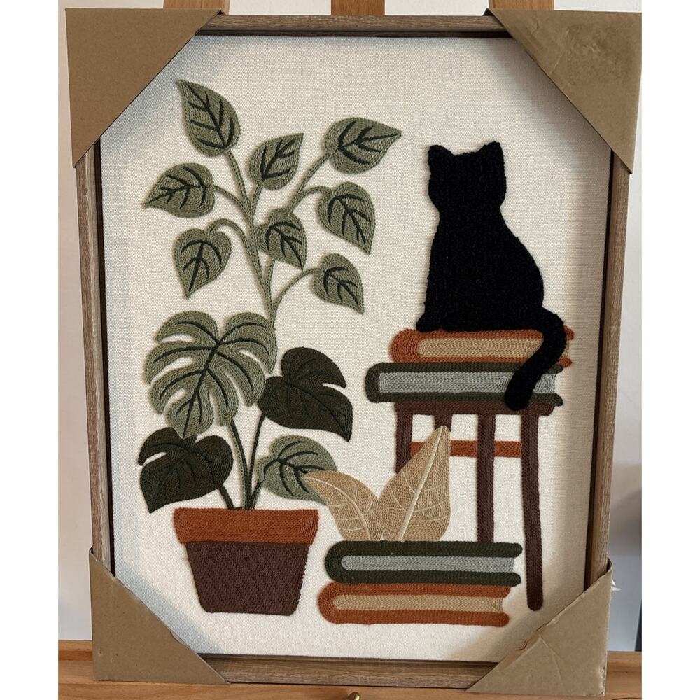 New BP Home Woven Embroidered Textile Wall Art Plants Cat Books 14.5” x 18.5